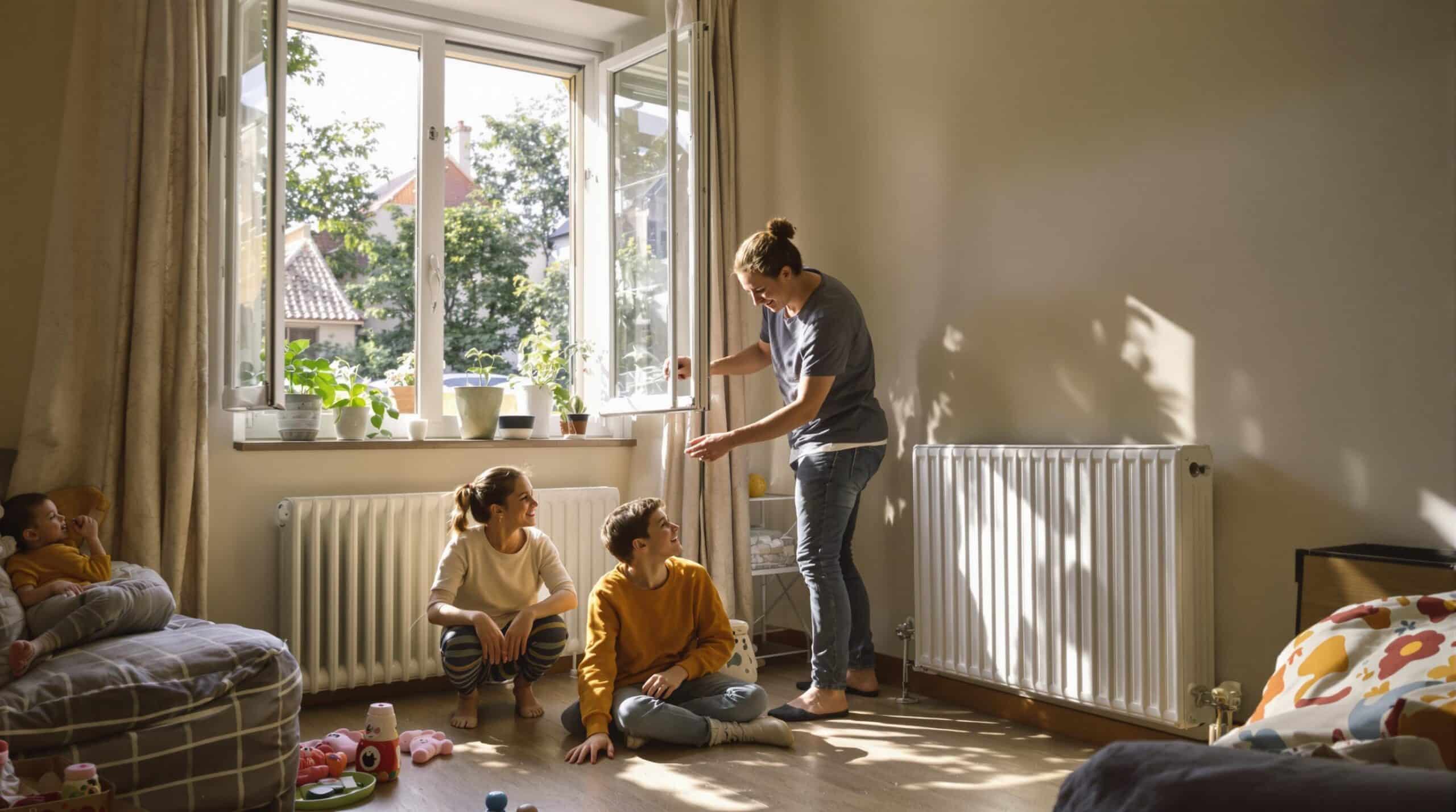 famille qui regarde le chauffage