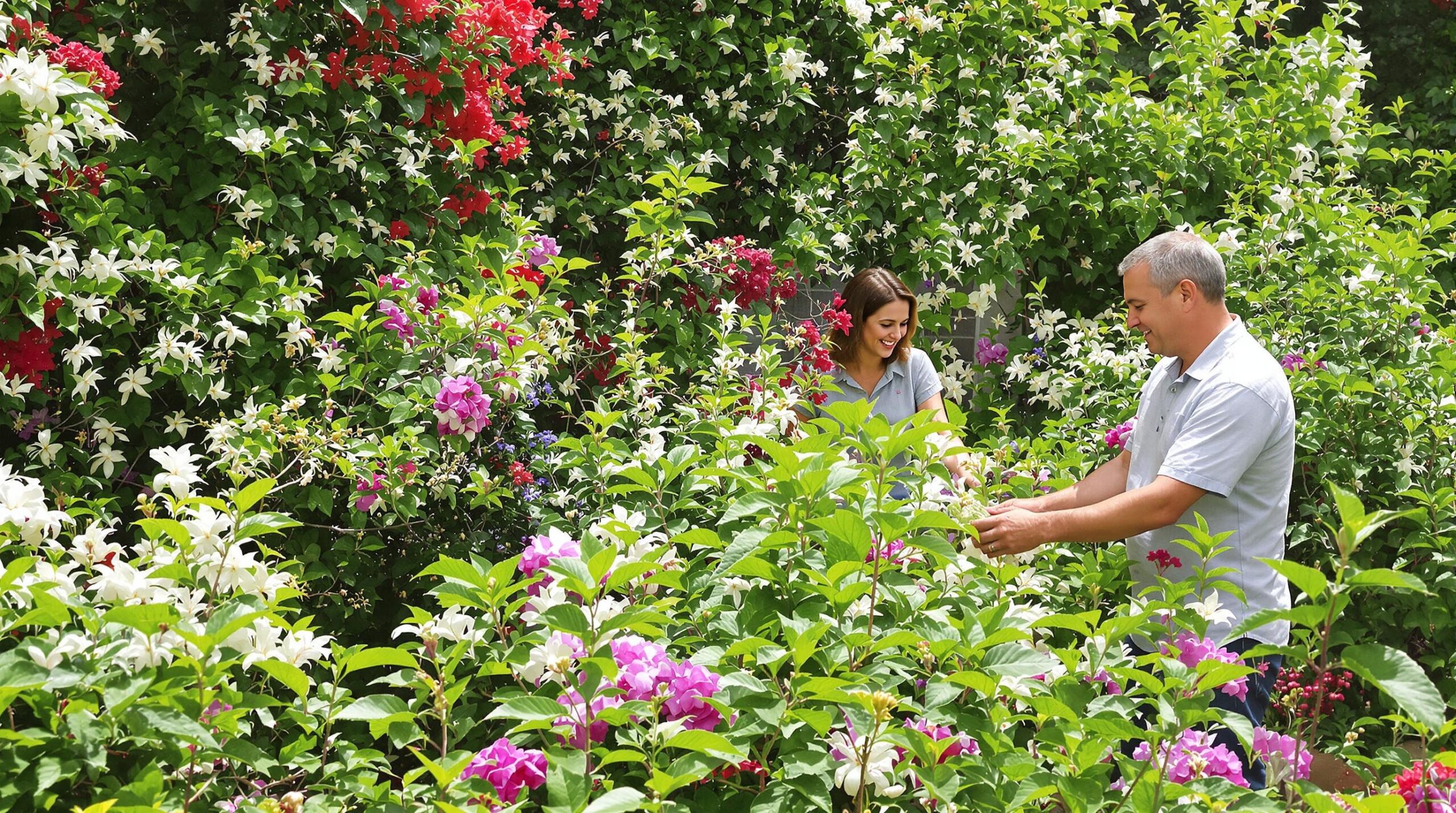couple dans un jardin l’uxuriant