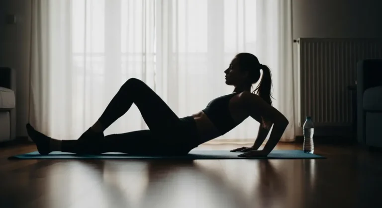 Pilates femme sur tapis de sol dans salon lumineux matin