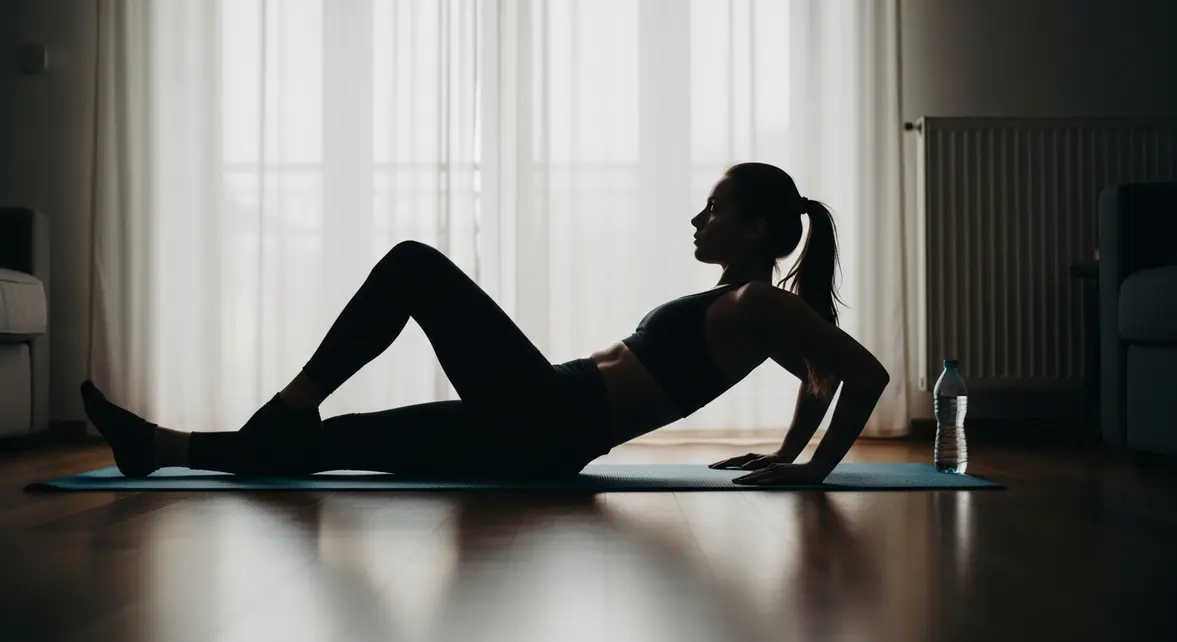 Pilates femme sur tapis de sol dans salon lumineux matin