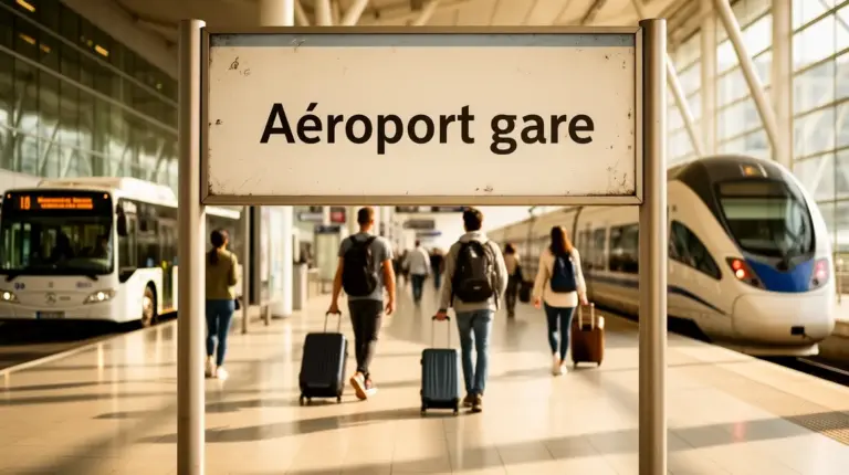 Panneau directionnel entre gare et aeroport avec voyageurs