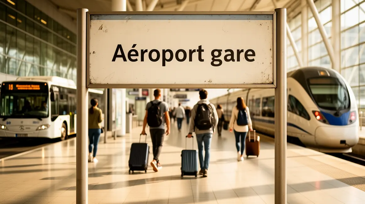 Panneau directionnel entre gare et aeroport avec voyageurs