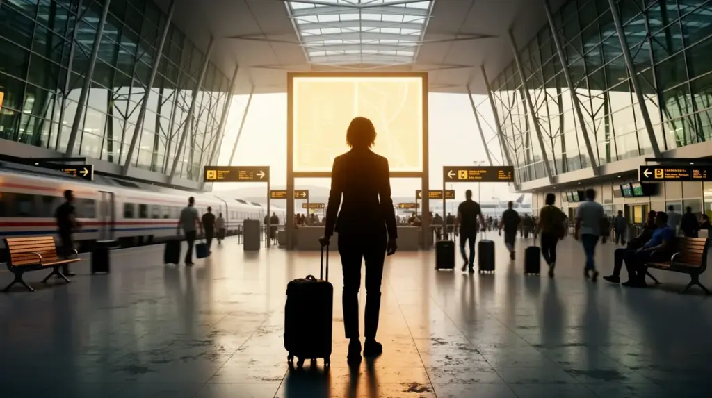 personne avec valise entre gare et aeroport