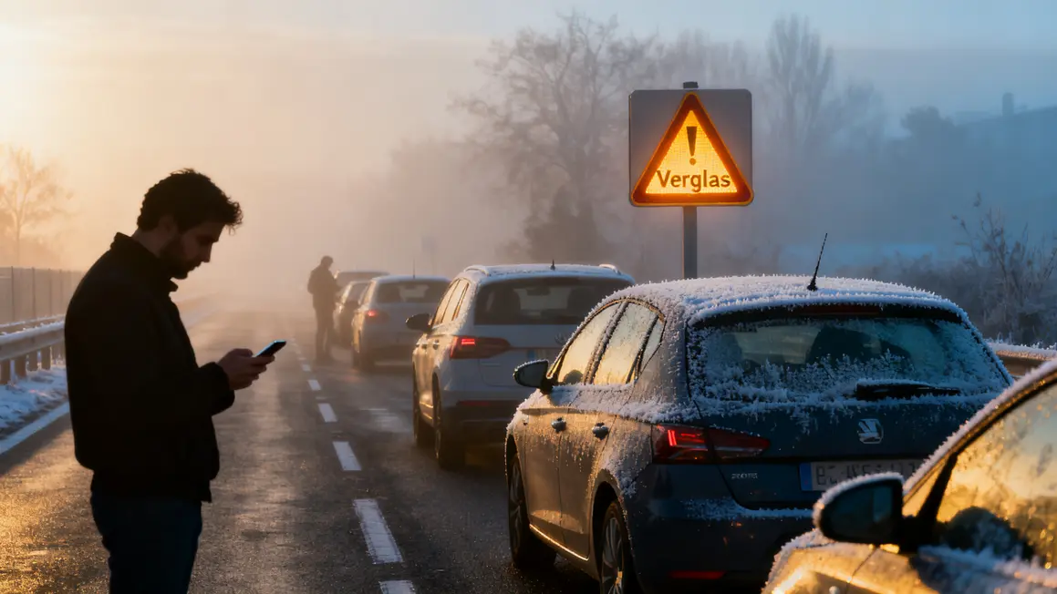 Panneau verglas route Aix voitures arrêtées météo