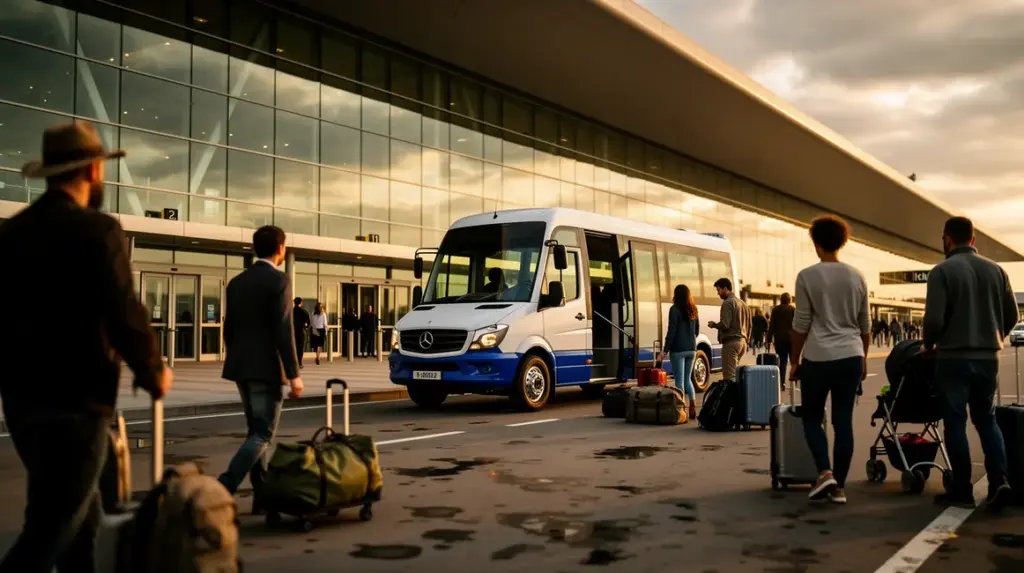 Bagages en navette devant terminal : valises, poussettes