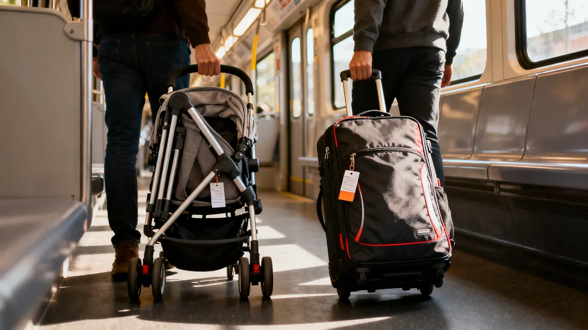 voyageurs en navette avec valises et poussette