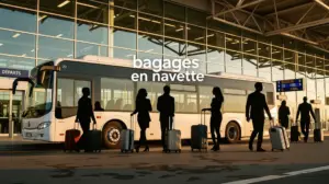 navette et passagers avec bagages devant terminal