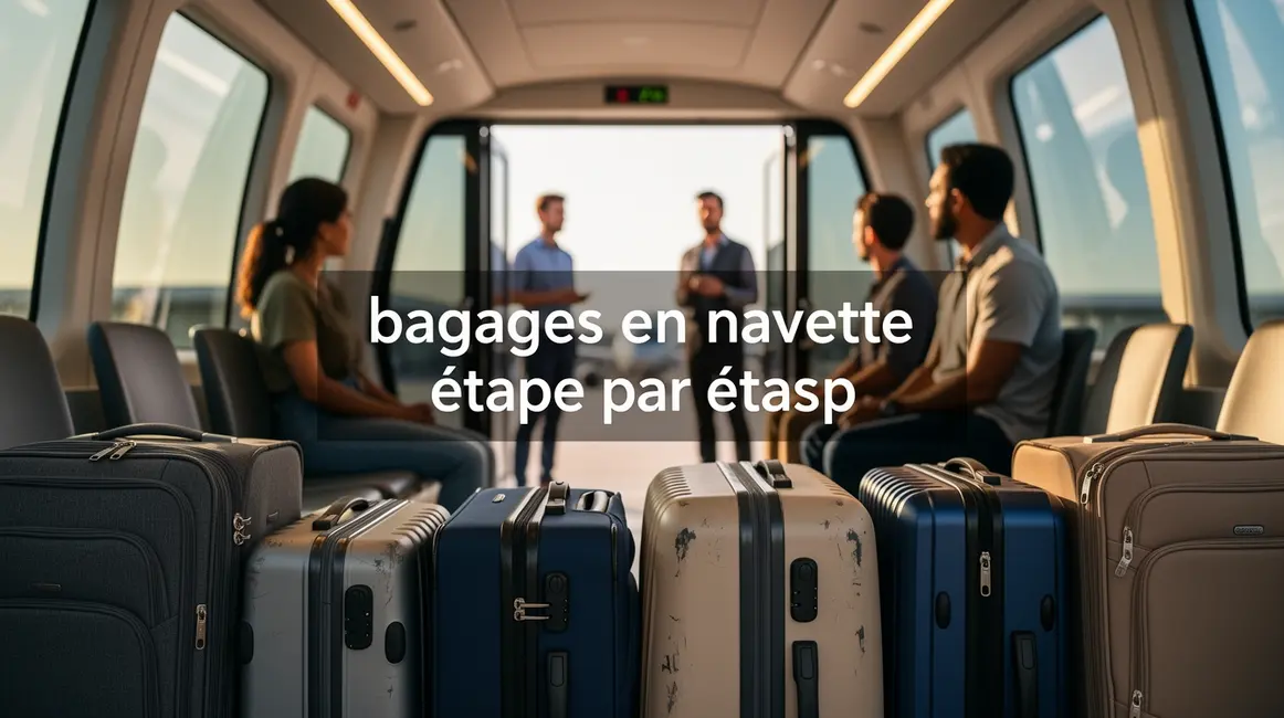 Scène de départ navette, bagages ordonnés, texte bagages en navette