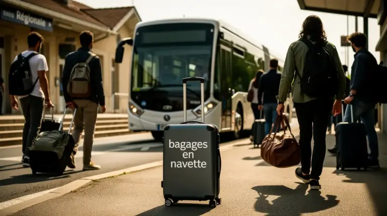 navette devant gare avec valises voyageurs budget