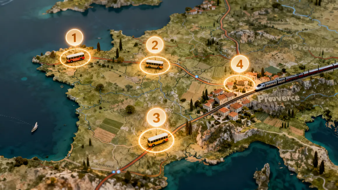 Carte stylisée Provence sans voiture avec hubs, bus, train et villages