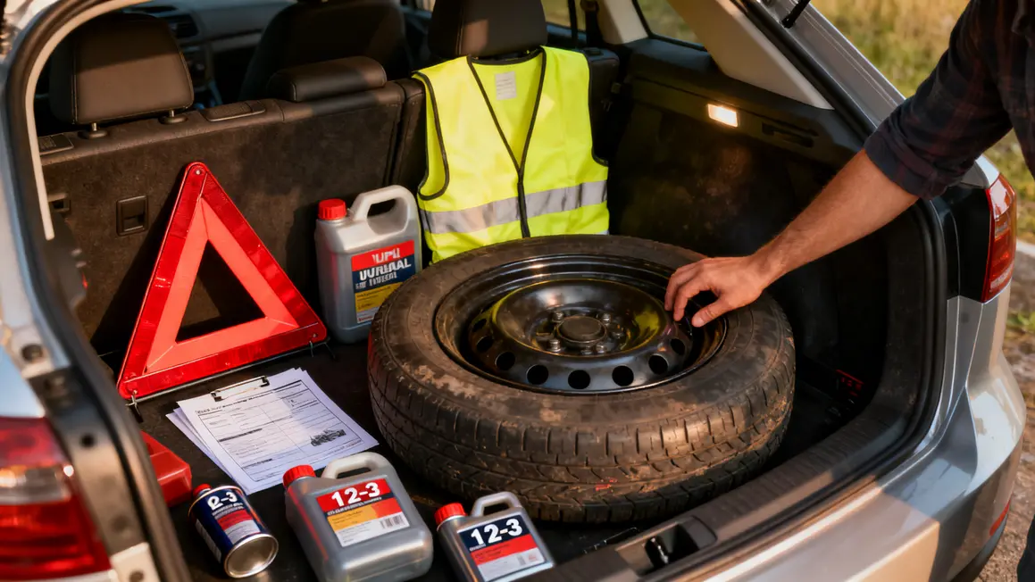 Coffre voiture ouvert, kit securite, verifications pneus et liquide