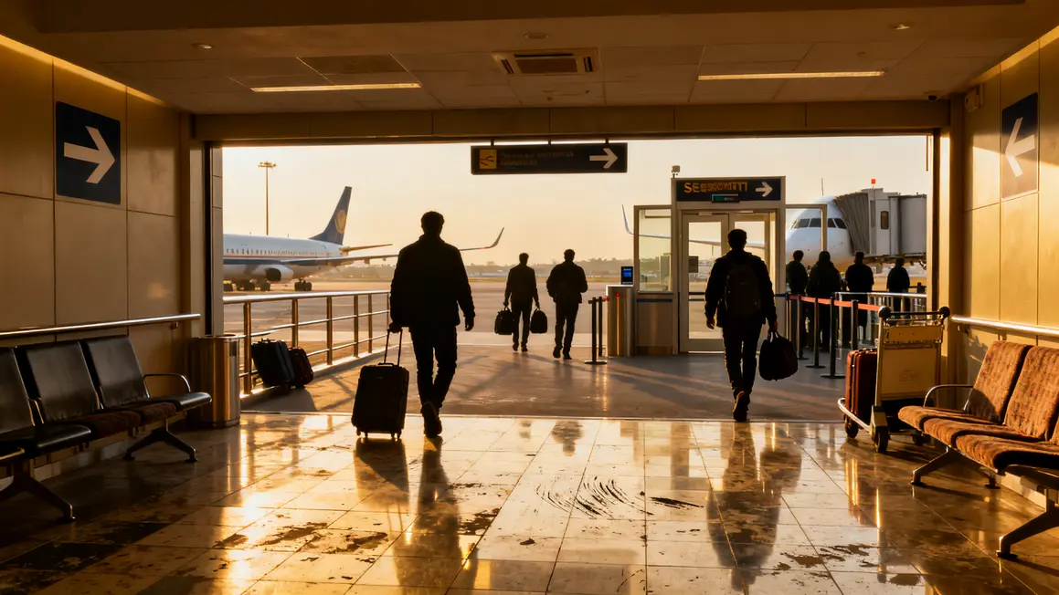 Voyageurs en cheminement correspondance gare aéroport contrôle sécurité