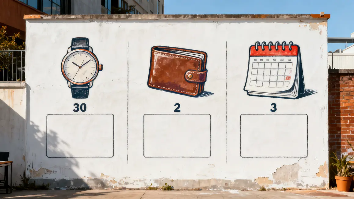 Tableau mural choix parking Aix 2026, pictogrammes montre portefeuille calendrier