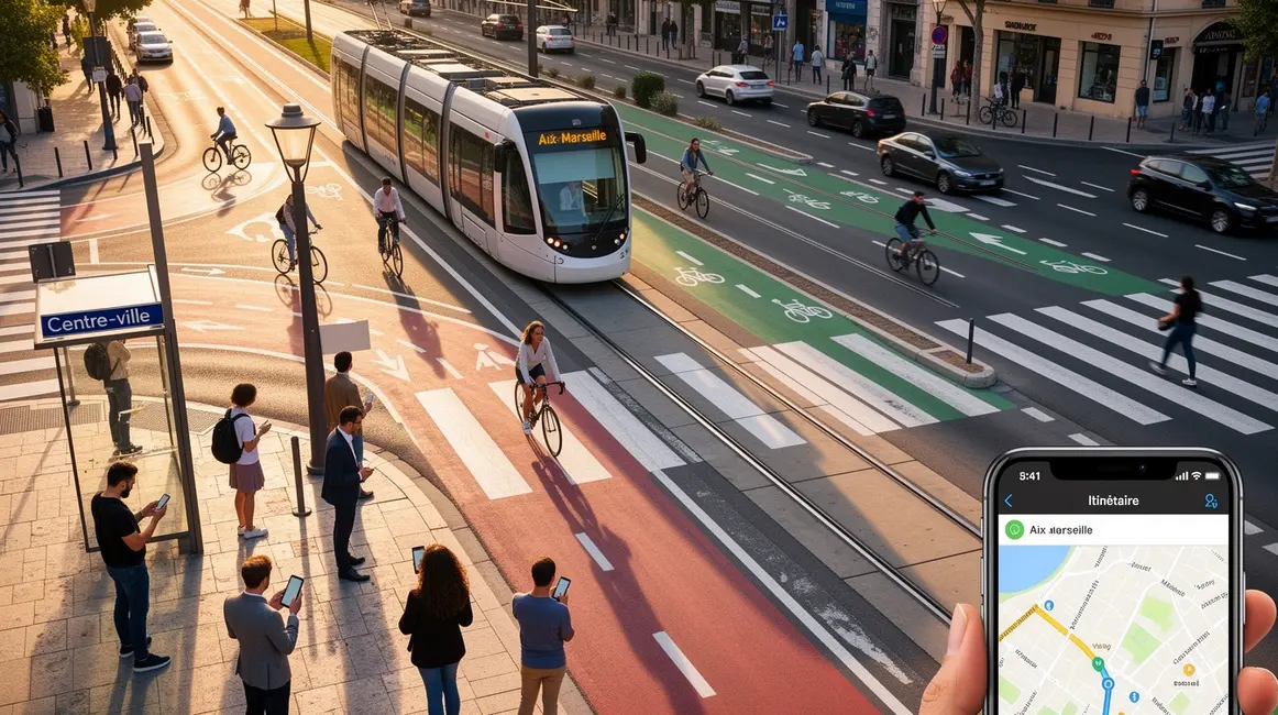Carte moderne Aix-Marseille, usagers smartphone, tram, vélo, voiture