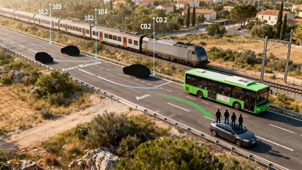 Vue route Aix Marseille train bus covoiturage chiffres trajet cout CO2