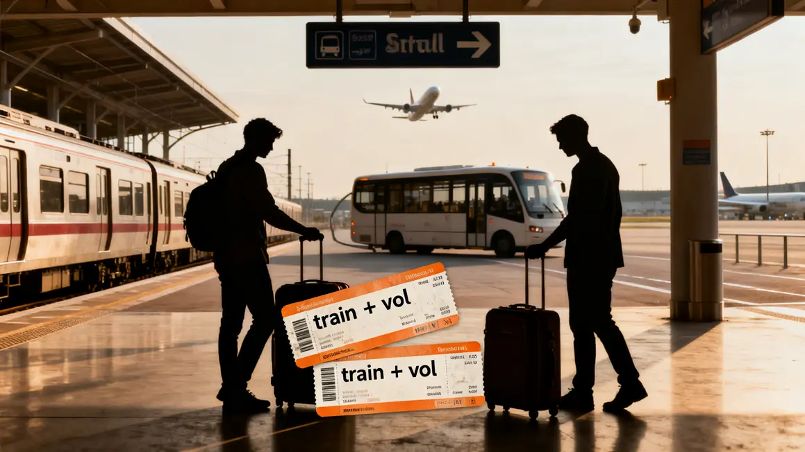 Correspondance gare aeroport silhouettes billets navette