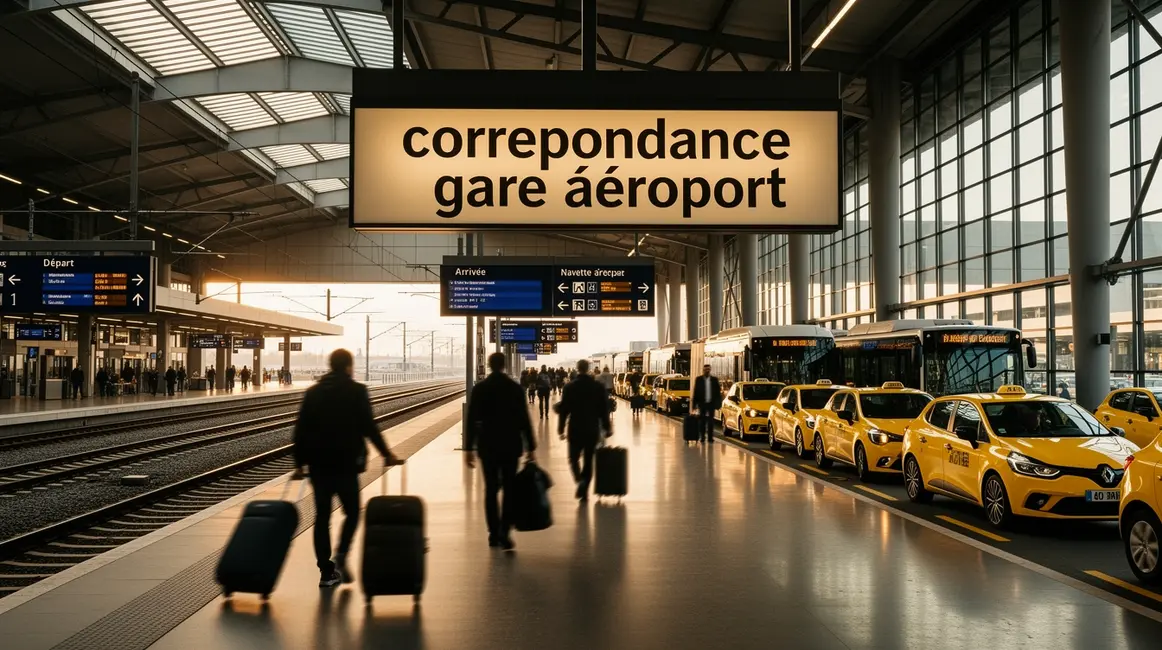 Gare et aeroport relies, taxis et navettes visibles