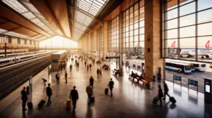 hall de correspondance gare aeroport avec bus trains valises