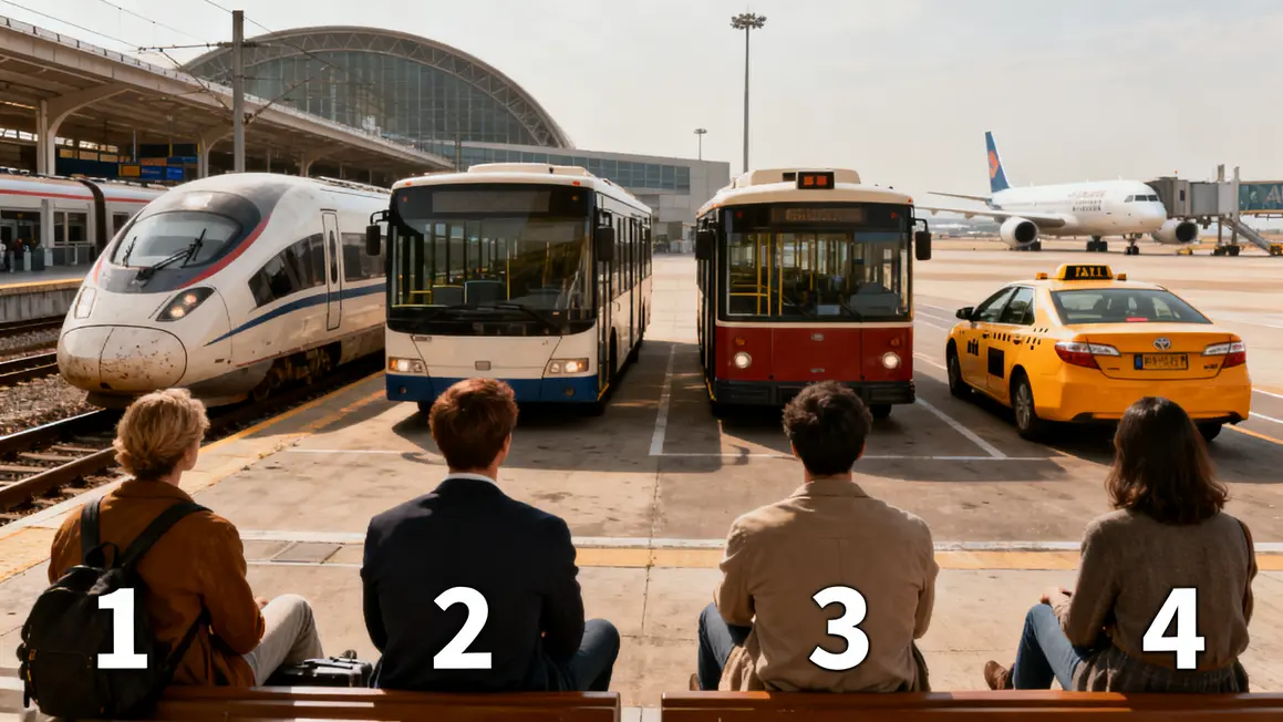 Train, bus, tram, taxi devant gare et aeroport