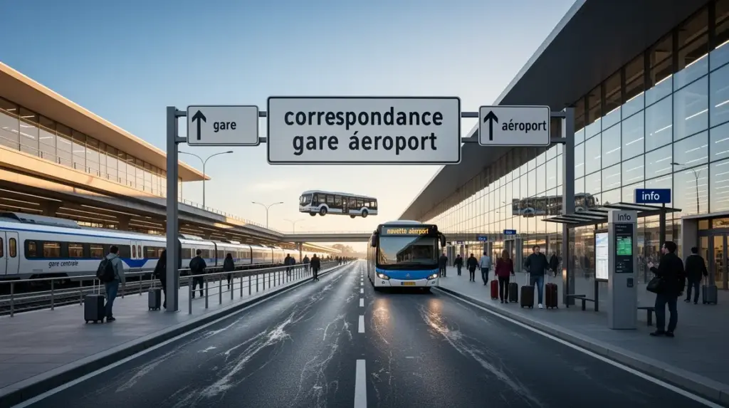 correspondance gare aeroport vue navette bus train signaletique