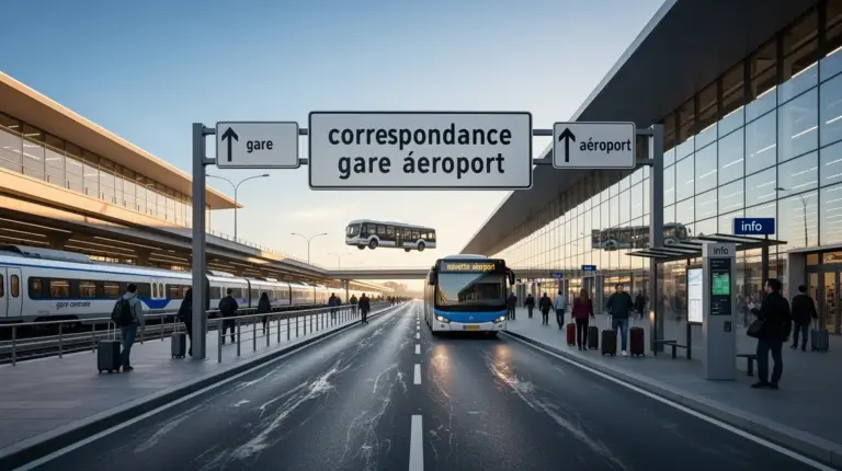 correspondance gare aeroport vue navette bus train signaletique