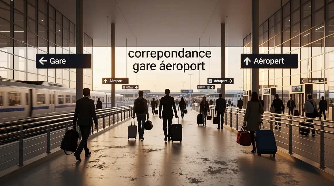 Image stylisée de correspondance gare aéroport avec panneaux directionnels et bagages