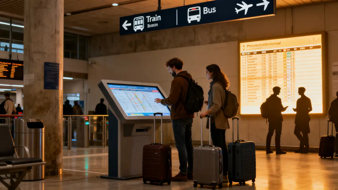 Voyageurs consultent horaires entre gare et aeroport