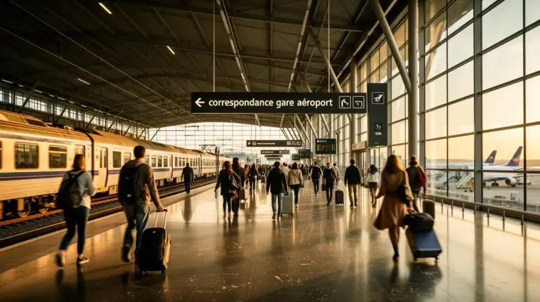 correspondance gare aéroport : vue moderne trains avions voyageurs