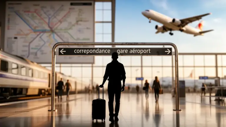 correspondance gare aéroport silhouette valise plan metro avion