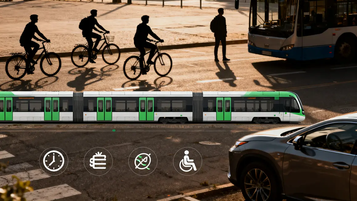 Infographie critères vélo, bus, métro, voiture, pictogrammes mobilité locale