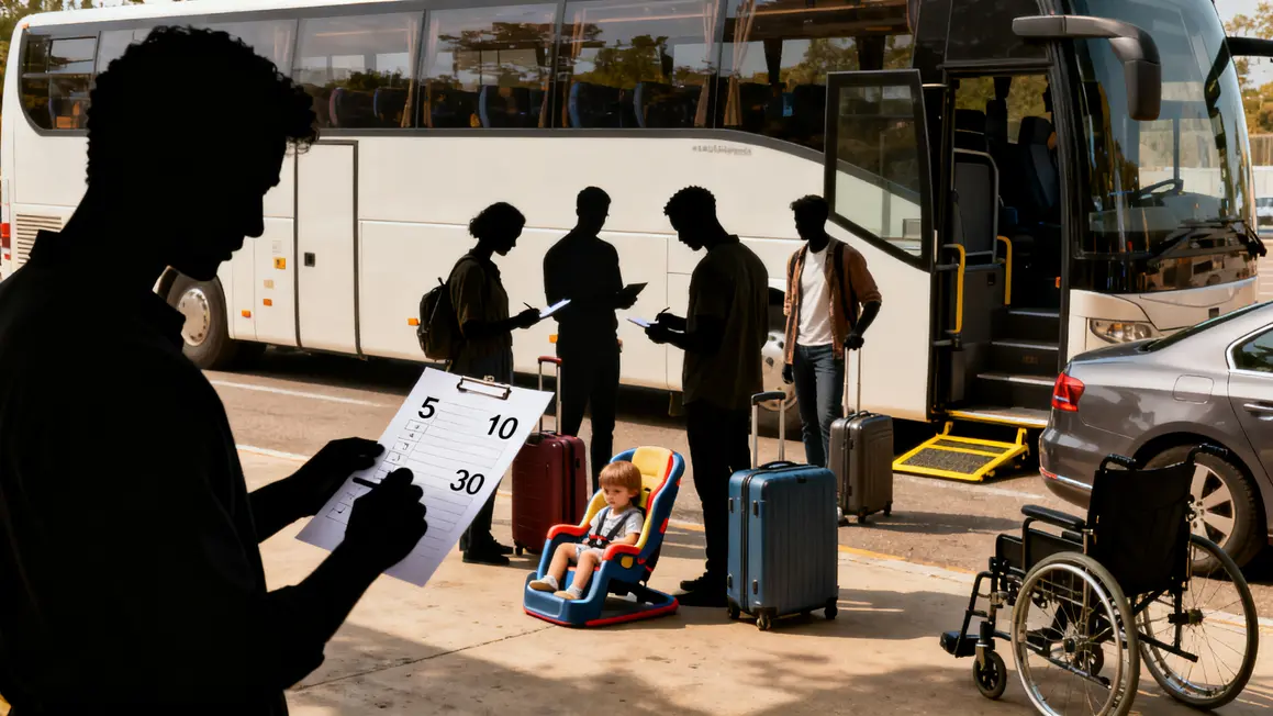 Groupe devant minibus autocar check-list effectif