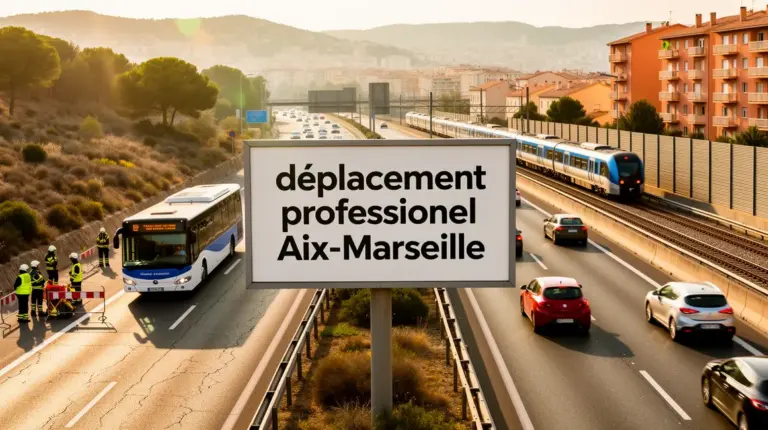 Vue autoroute Aix Marseille avec silhouettes professionnels voiture bus train