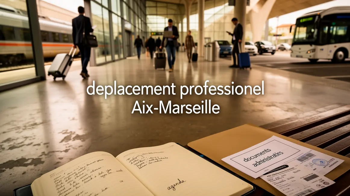 Visuel d'une gare Aix-Marseille avec pros, valises et modes de transport
