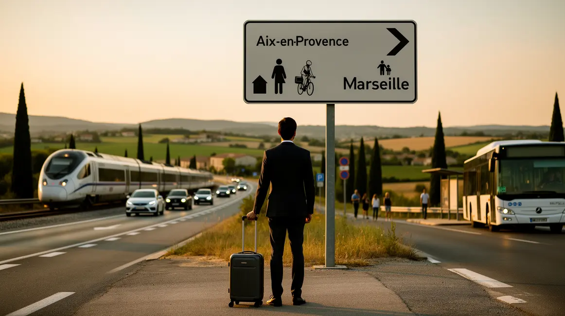 silhouette valise panneau aix-marseille trains bus voitures