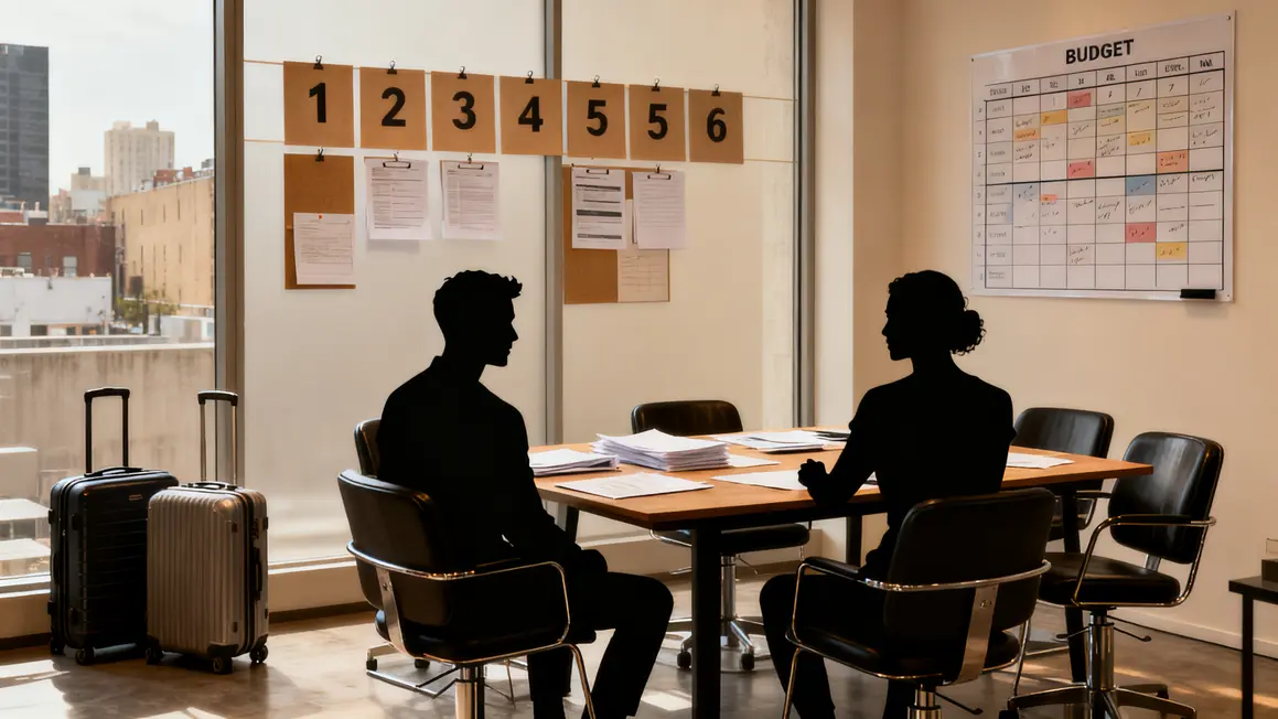 Salon professionnel avec silhouettes et planning pour deplacement professionnel