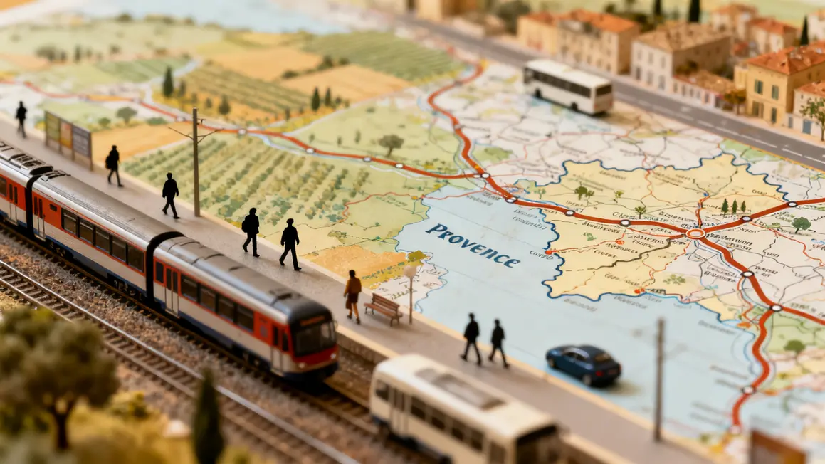 Carte Provence routes, trains, voyageurs piétons, zones rurales urbaines