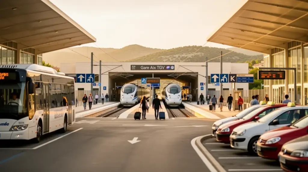 Photo realiste gare Aix TGV 2026 avec TGV, bus et Provence