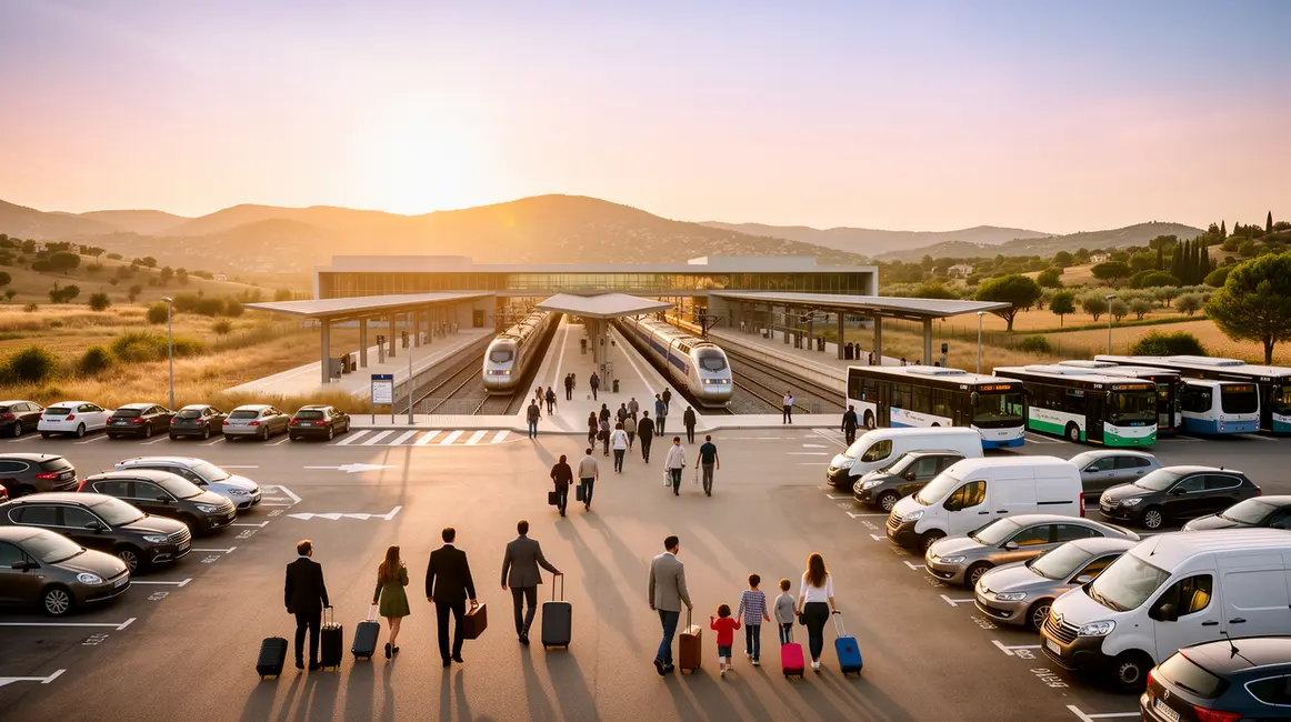 Vue réaliste gare Aix TGV campagne, parkings, bus, voyageurs
