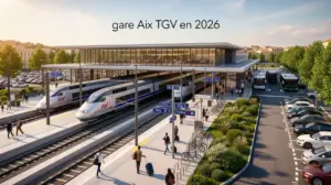 Vue moderne de la gare Aix TGV avec parkings et voyageurs