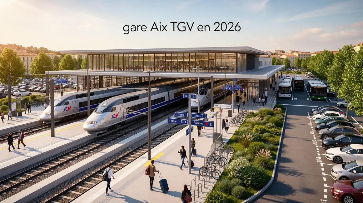 Vue moderne de la gare Aix TGV avec parkings et voyageurs