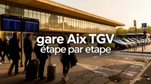 Vue de la gare Aix TGV avec voyageurs, navette et parking