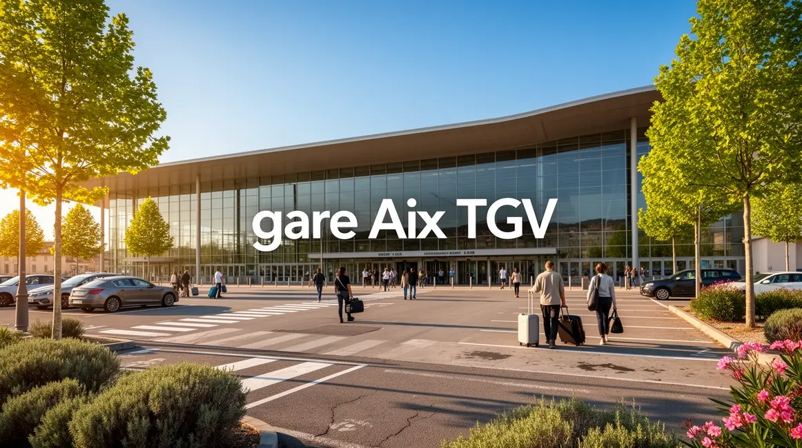 Gare Aix TGV extérieure avec parvis parking et voyageurs