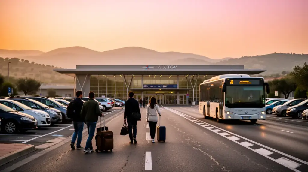 Vue gare Aix TGV au lever du jour avec navette et parking