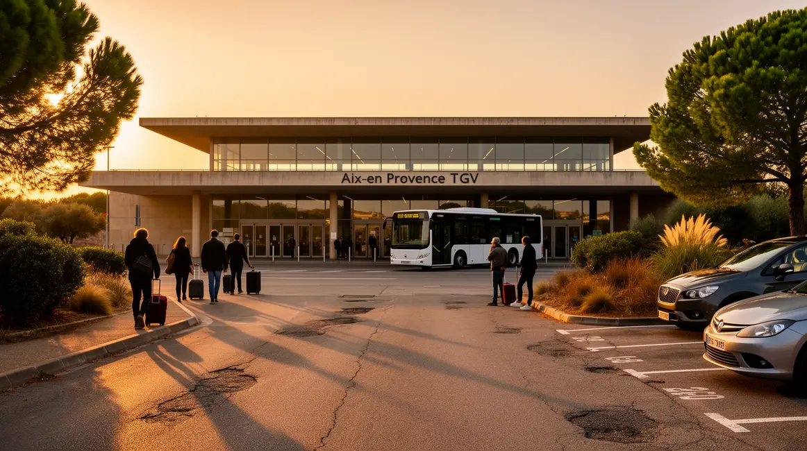 Vue extérieure gare Aix TGV lever du soleil voyageurs parking navette