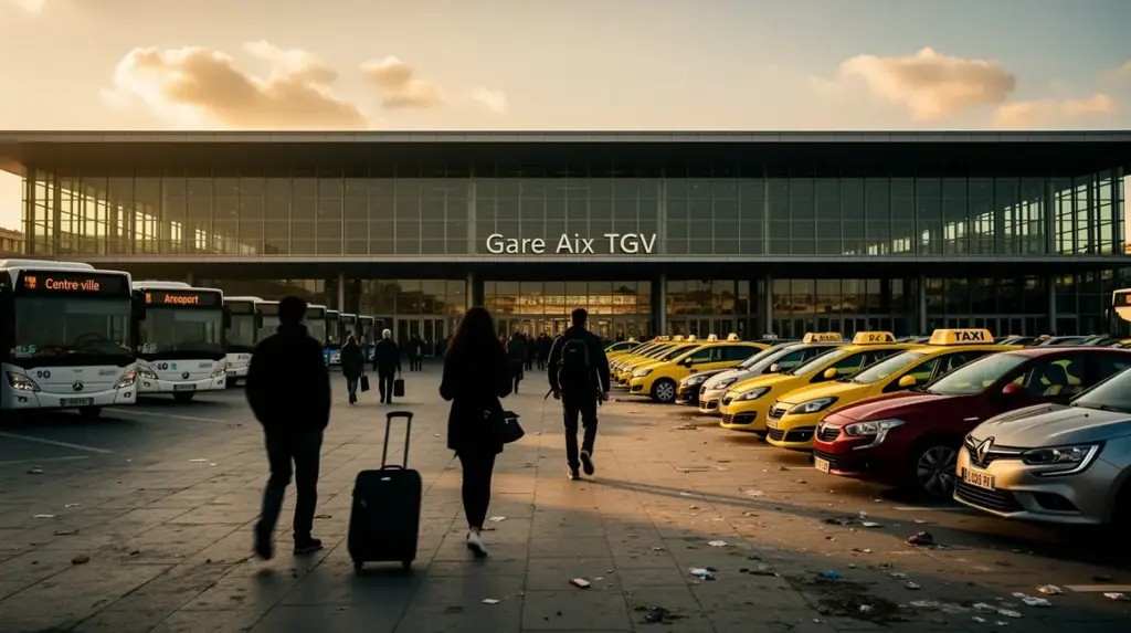 Vue exterieur gare Aix TGV bus taxis voyageurs