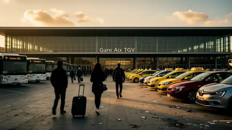 Vue exterieur gare Aix TGV bus taxis voyageurs