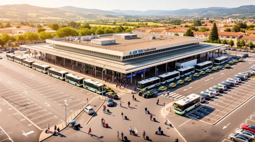 Vue aérienne gare Aix TGV parkings navettes ambiance provençale