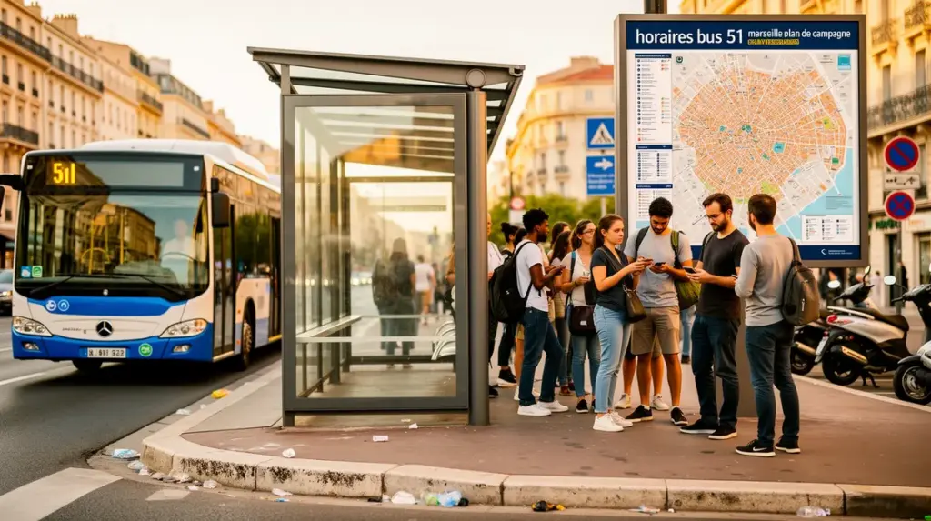 Arrêt de bus Marseille bus 51 passagers en file ambiance dynamique