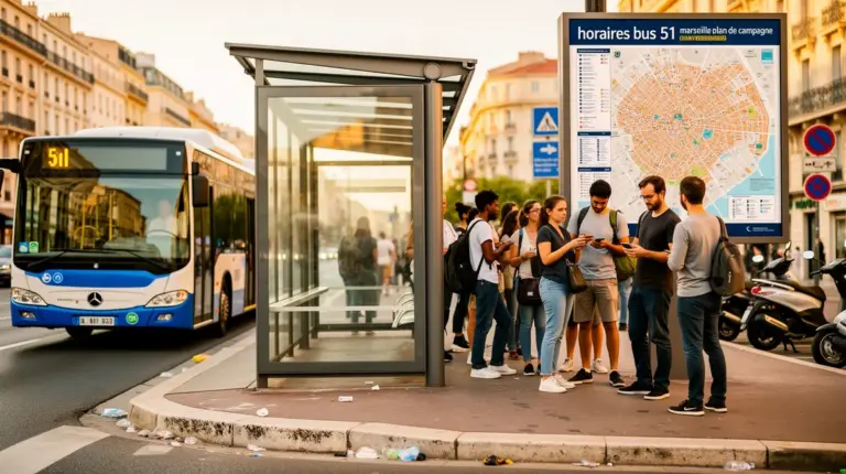 Arrêt de bus Marseille bus 51 passagers en file ambiance dynamique