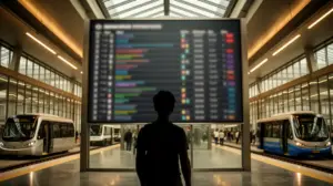 voyageur devant tableau horaires de navette
